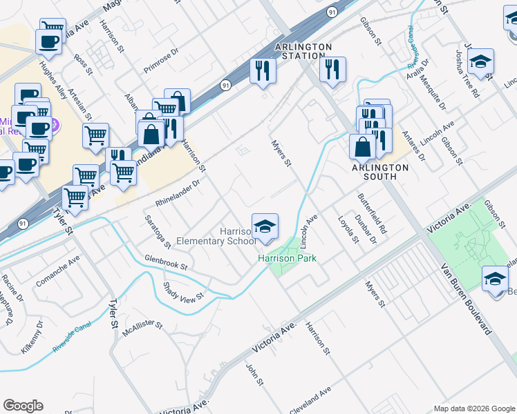 map of restaurants, bars, coffee shops, grocery stores, and more near 9840 Mc Nicholl Drive in Riverside