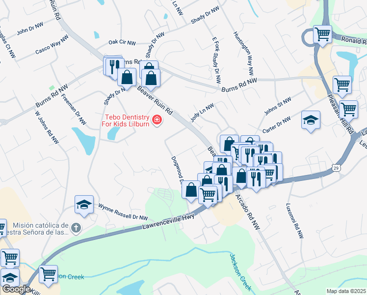 map of restaurants, bars, coffee shops, grocery stores, and more near 4269 Beaver Ruin Circle Northwest in Lilburn