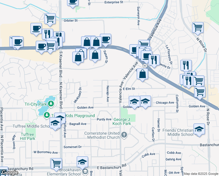 map of restaurants, bars, coffee shops, grocery stores, and more near 502 6 Nations Avenue in Placentia