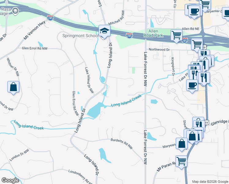map of restaurants, bars, coffee shops, grocery stores, and more near 5550 Cross Gate Court Northwest in Atlanta