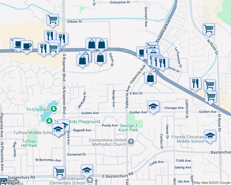 map of restaurants, bars, coffee shops, grocery stores, and more near 502 6 Nations Avenue in Placentia