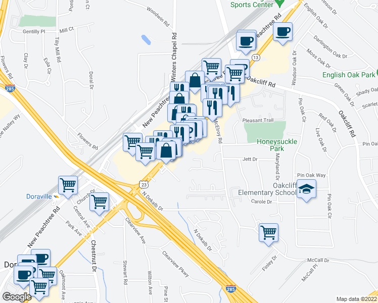 map of restaurants, bars, coffee shops, grocery stores, and more near 5689 Buford Highway Northeast in Doraville