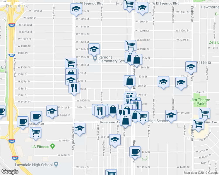 map of restaurants, bars, coffee shops, grocery stores, and more near 4553 138th Street in Hawthorne