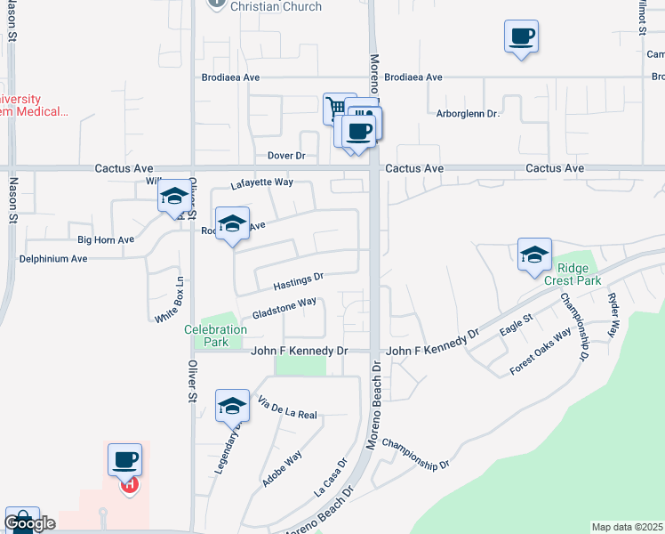 map of restaurants, bars, coffee shops, grocery stores, and more near 27916 Hastings Drive in Moreno Valley
