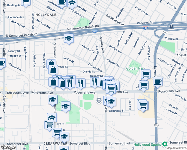 map of restaurants, bars, coffee shops, grocery stores, and more near 8327 Quimby Street in Paramount