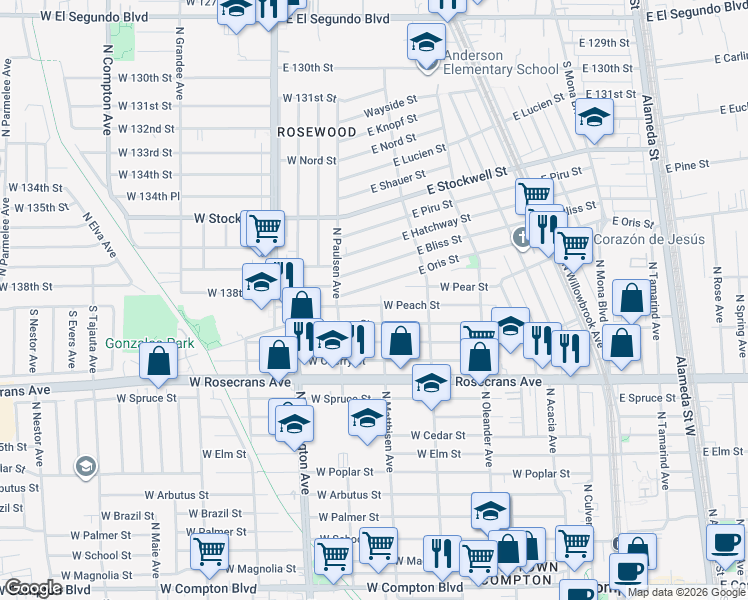 map of restaurants, bars, coffee shops, grocery stores, and more near 607 West Peach Street in Compton