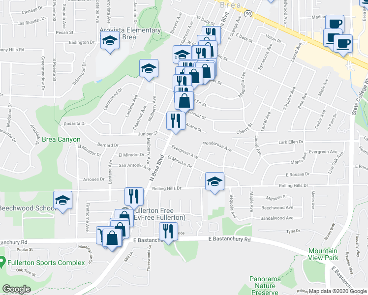 map of restaurants, bars, coffee shops, grocery stores, and more near 1223 Evergreen Avenue in Fullerton