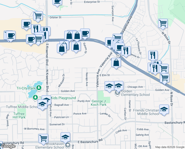 map of restaurants, bars, coffee shops, grocery stores, and more near 507 Comanche Drive in Placentia