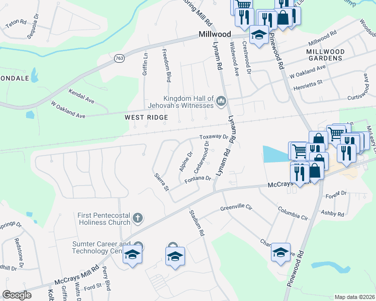 map of restaurants, bars, coffee shops, grocery stores, and more near 504 Alpine Drive in Sumter