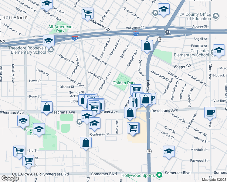map of restaurants, bars, coffee shops, grocery stores, and more near 8743 Dorion Street in Downey