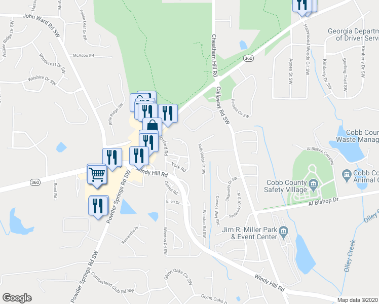 map of restaurants, bars, coffee shops, grocery stores, and more near 139 York Road in Marietta