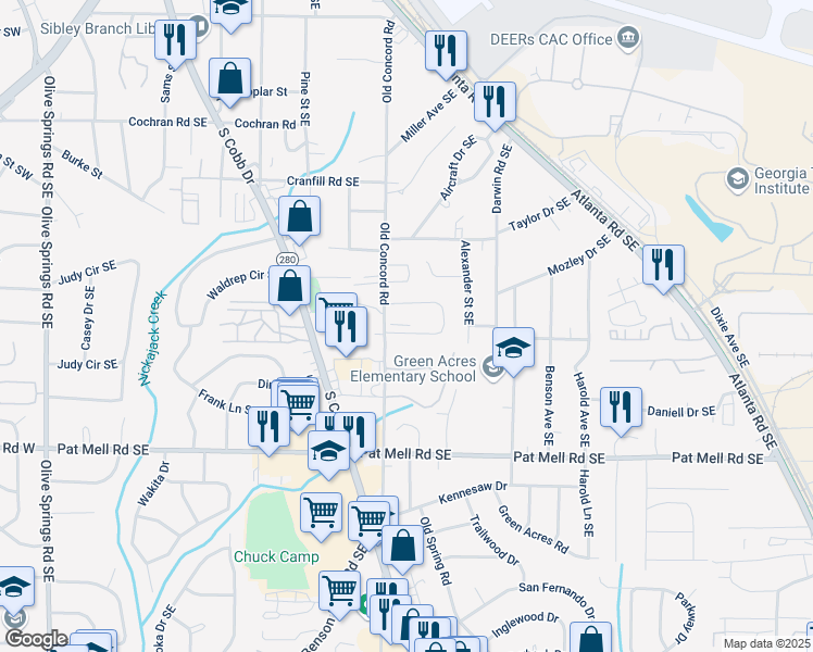 map of restaurants, bars, coffee shops, grocery stores, and more near 1901 Old Concord Road in Smyrna
