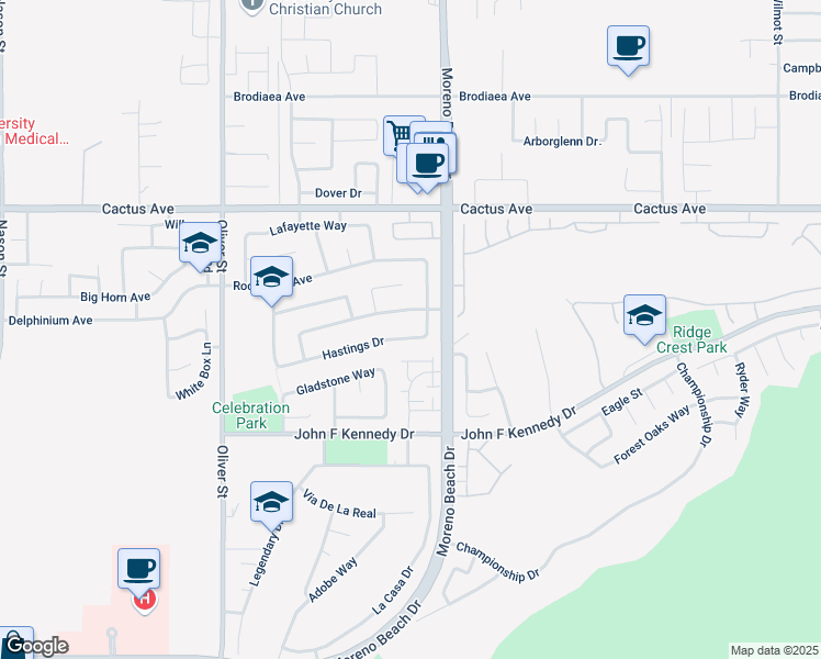 map of restaurants, bars, coffee shops, grocery stores, and more near 27916 Hastings Drive in Moreno Valley