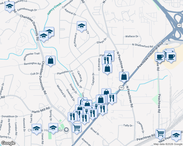 map of restaurants, bars, coffee shops, grocery stores, and more near 3874 Captain Drive in Atlanta