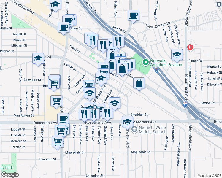 map of restaurants, bars, coffee shops, grocery stores, and more near 12062 Foster Road in Norwalk