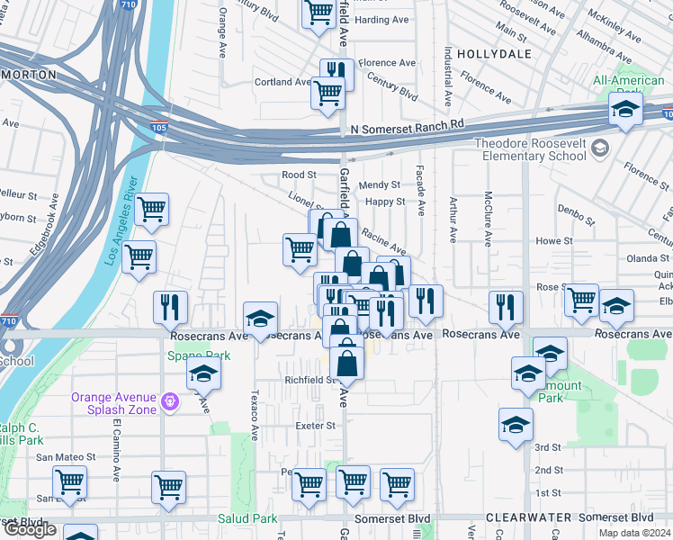 map of restaurants, bars, coffee shops, grocery stores, and more near 14045 Garfield Avenue in Paramount