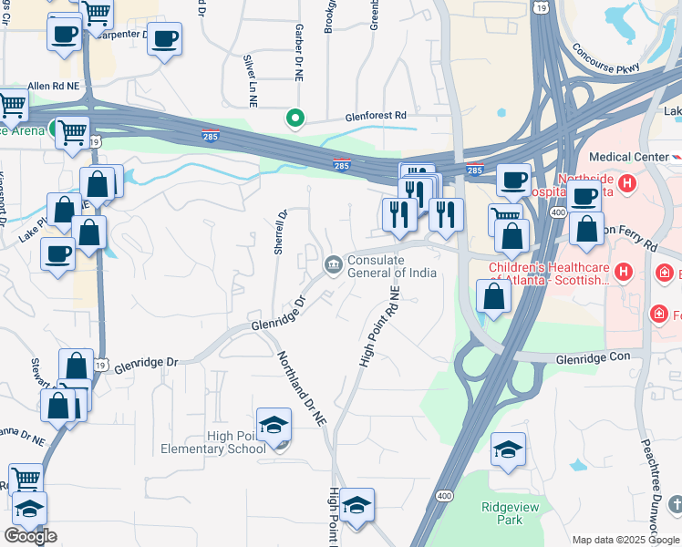 map of restaurants, bars, coffee shops, grocery stores, and more near 5559 Glenridge Drive in Atlanta
