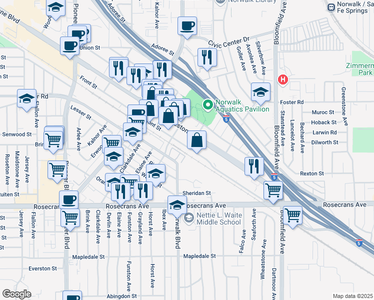 map of restaurants, bars, coffee shops, grocery stores, and more near 12244 Front Street in Norwalk