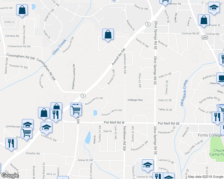 map of restaurants, bars, coffee shops, grocery stores, and more near 206 Ripple Creek Drive Southwest in Marietta