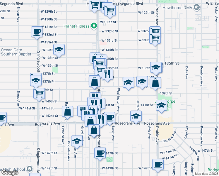 map of restaurants, bars, coffee shops, grocery stores, and more near 4386 138th Street in Hawthorne
