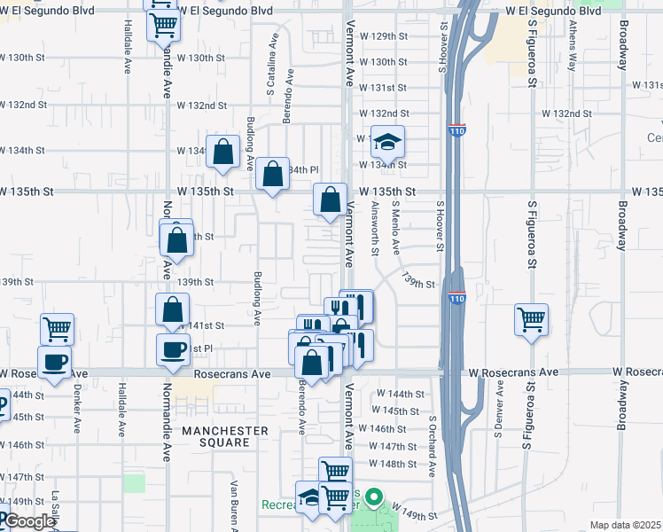 map of restaurants, bars, coffee shops, grocery stores, and more near 1017 Topaz Lane in Gardena