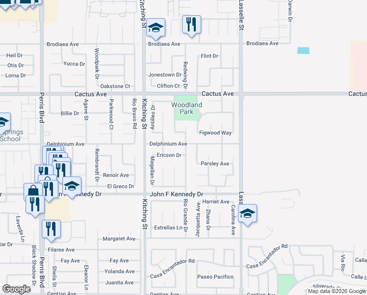 map of restaurants, bars, coffee shops, grocery stores, and more near 25711 Delphinium Avenue in Moreno Valley
