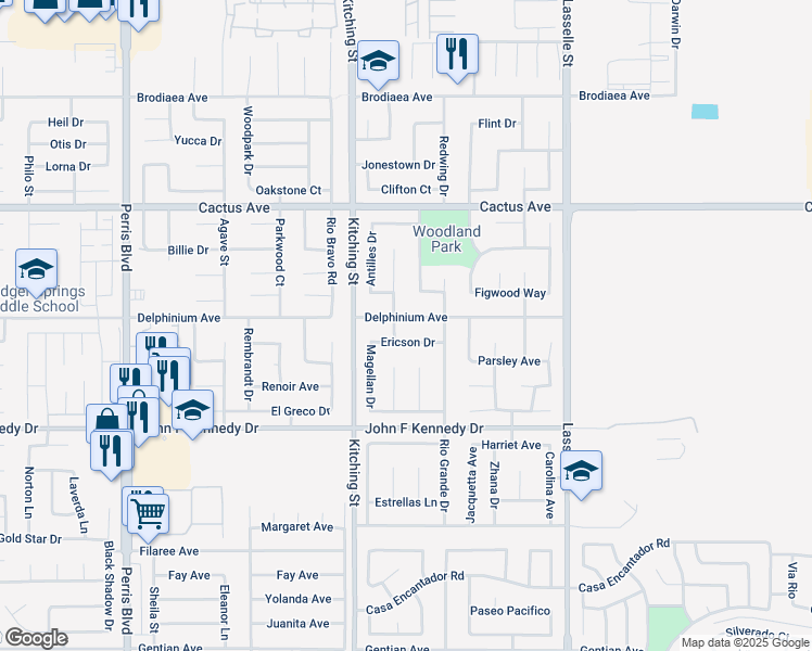 map of restaurants, bars, coffee shops, grocery stores, and more near 25600 Ericson Drive in Moreno Valley
