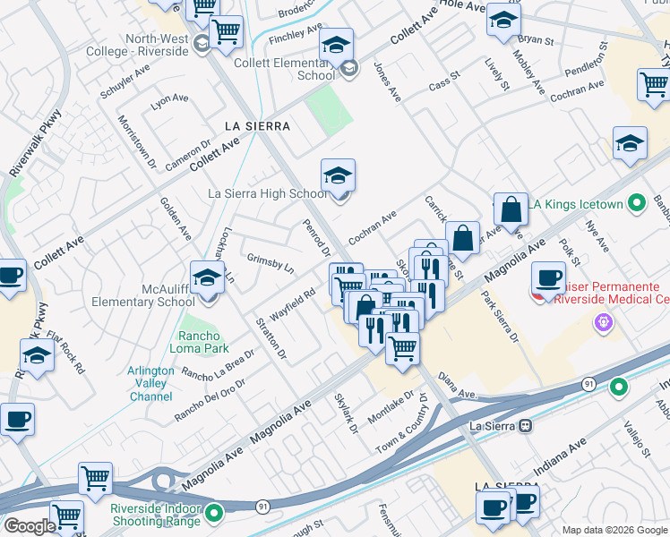 map of restaurants, bars, coffee shops, grocery stores, and more near 11132 Cochran Avenue in Riverside