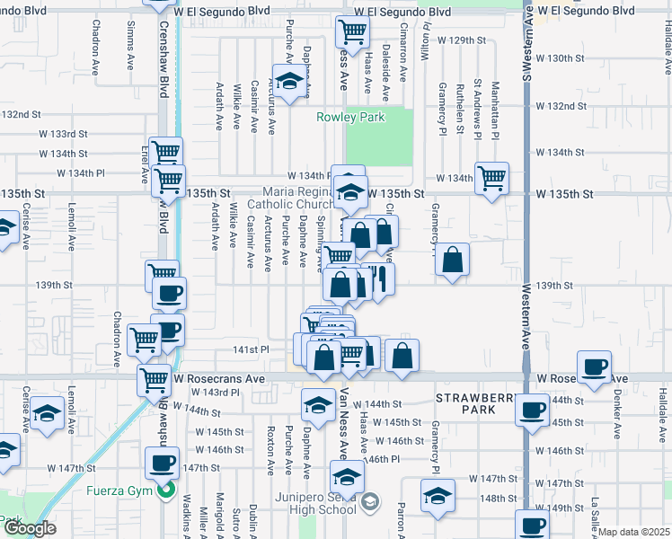 map of restaurants, bars, coffee shops, grocery stores, and more near 13805 Van Ness Avenue in Gardena
