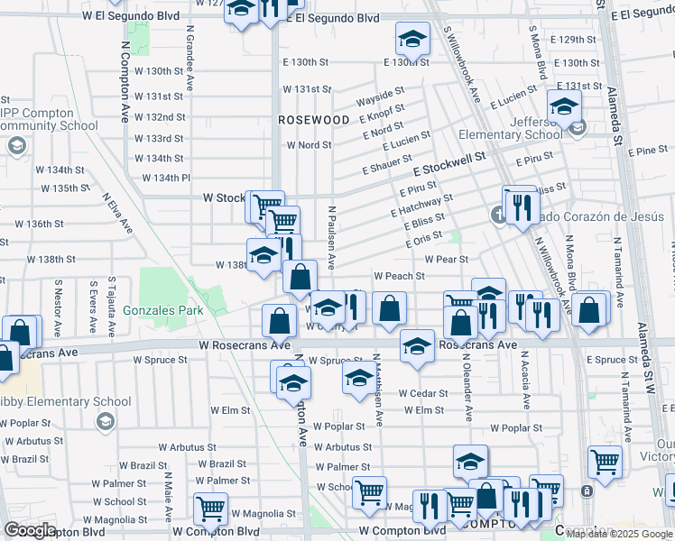 map of restaurants, bars, coffee shops, grocery stores, and more near 1988 East Oris Street in Compton