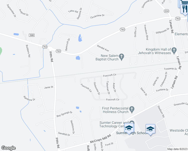 map of restaurants, bars, coffee shops, grocery stores, and more near 2725 Foxcroft Circle in Sumter