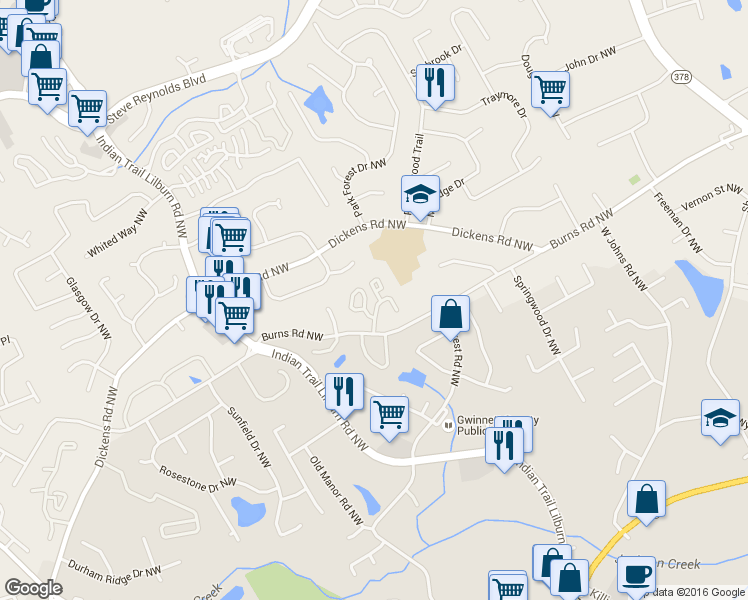 map of restaurants, bars, coffee shops, grocery stores, and more near 4853 Burns Road Northwest in Lilburn