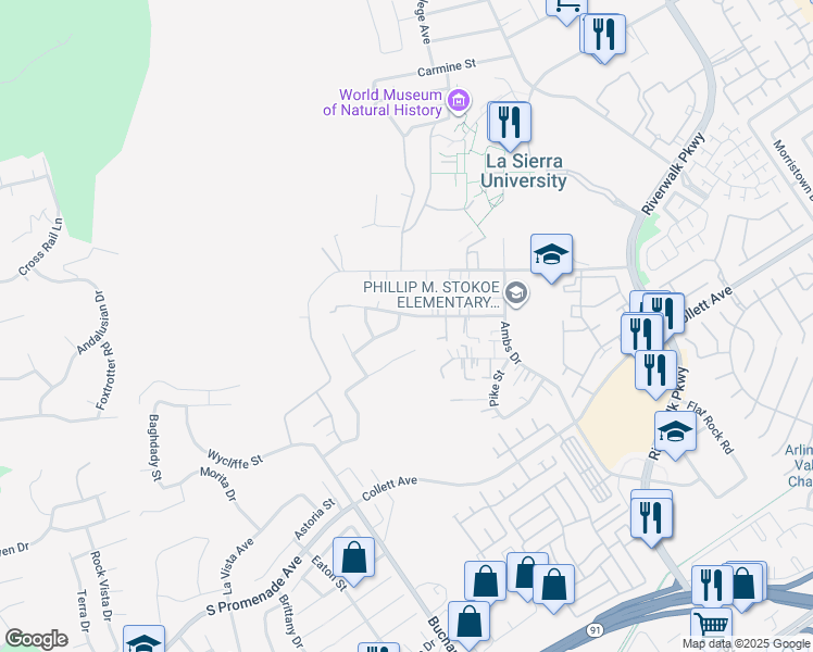 map of restaurants, bars, coffee shops, grocery stores, and more near 12080 Scenic View Terrace in Riverside