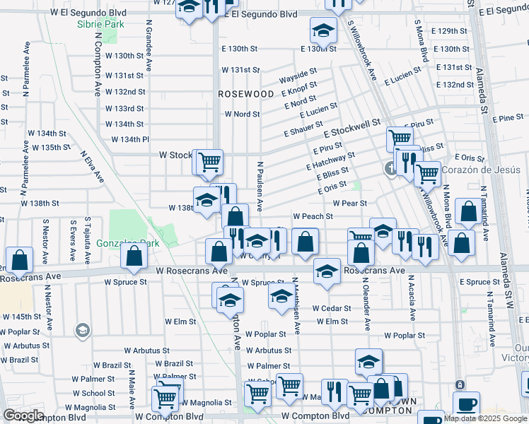 map of restaurants, bars, coffee shops, grocery stores, and more near 1988 East Oris Street in Compton