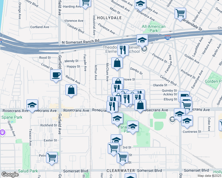 map of restaurants, bars, coffee shops, grocery stores, and more near 14030 McClure Avenue in Paramount