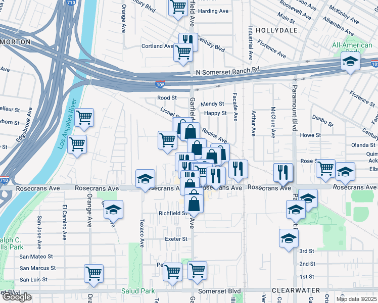map of restaurants, bars, coffee shops, grocery stores, and more near 14045 Garfield Avenue in Paramount