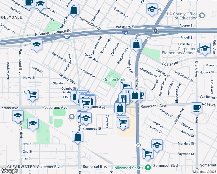 map of restaurants, bars, coffee shops, grocery stores, and more near 8754 Prichard Street in Downey