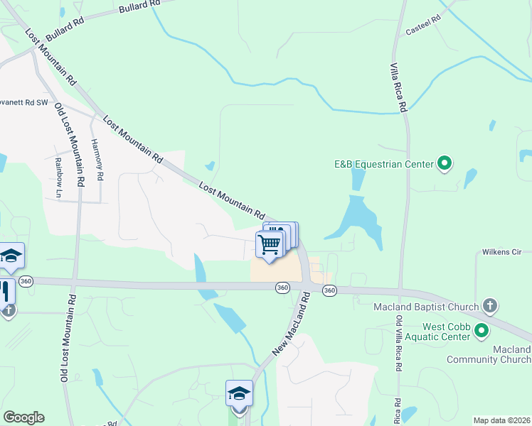 map of restaurants, bars, coffee shops, grocery stores, and more near 1947 Lost Mountain Road in Powder Springs