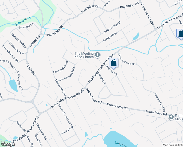 map of restaurants, bars, coffee shops, grocery stores, and more near 2225 Five Forks Trickum Road Southwest in Lawrenceville