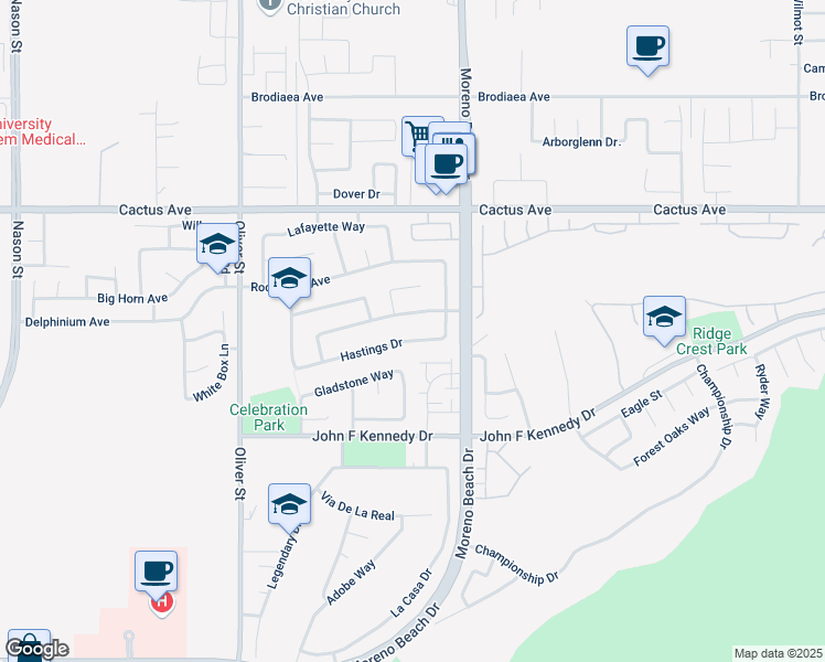 map of restaurants, bars, coffee shops, grocery stores, and more near 27916 Hastings Drive in Moreno Valley