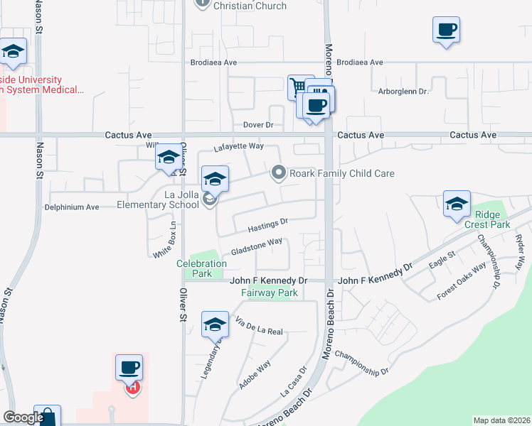 map of restaurants, bars, coffee shops, grocery stores, and more near 27737 Auburn Lane in Moreno Valley