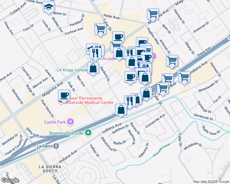map of restaurants, bars, coffee shops, grocery stores, and more near 3535 Banbury Drive in Riverside