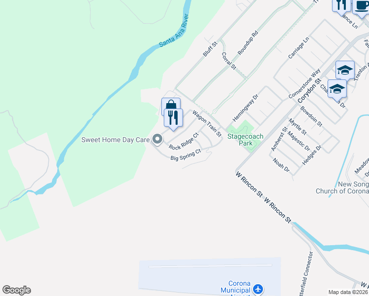 map of restaurants, bars, coffee shops, grocery stores, and more near 905 Big Spring Court in Corona