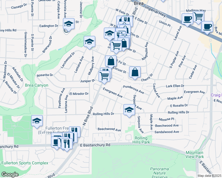 map of restaurants, bars, coffee shops, grocery stores, and more near 1223 Evergreen Avenue in Fullerton