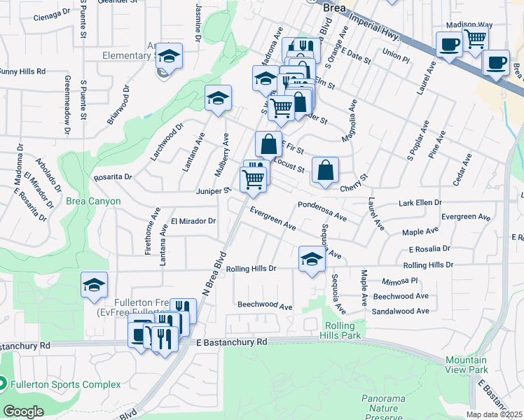 map of restaurants, bars, coffee shops, grocery stores, and more near 1223 Evergreen Avenue in Fullerton