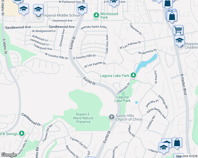 map of restaurants, bars, coffee shops, grocery stores, and more near 3000 North La Travesia Drive in Fullerton