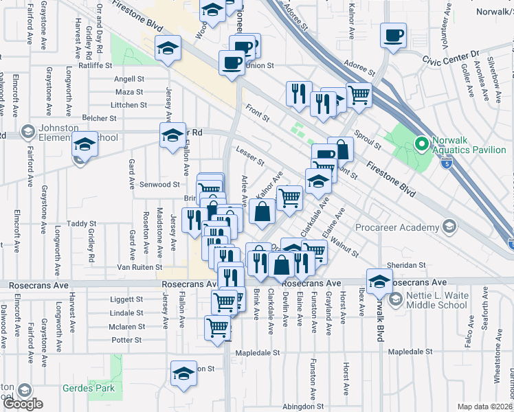 map of restaurants, bars, coffee shops, grocery stores, and more near 13822 Erwood Avenue in Norwalk
