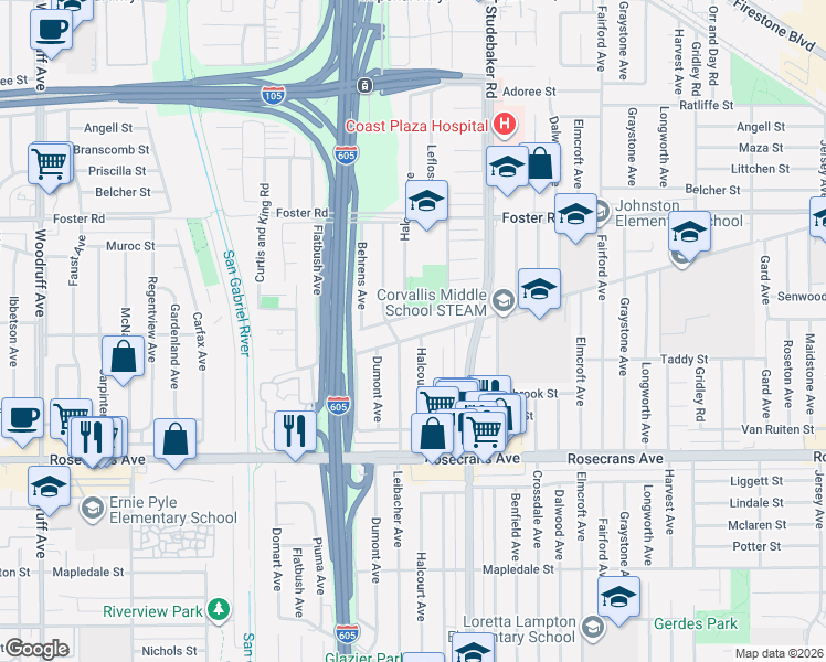 map of restaurants, bars, coffee shops, grocery stores, and more near 10807 Leffingwell Road in Norwalk