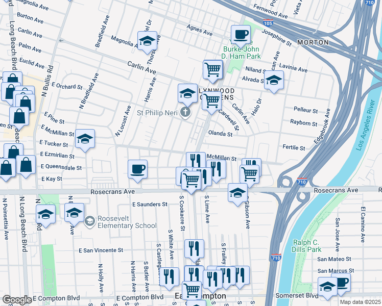 map of restaurants, bars, coffee shops, grocery stores, and more near 12811 Atlantic Avenue in Compton