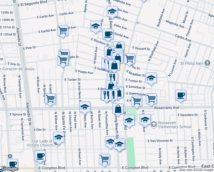 map of restaurants, bars, coffee shops, grocery stores, and more near 1501 North Long Beach Boulevard in Compton